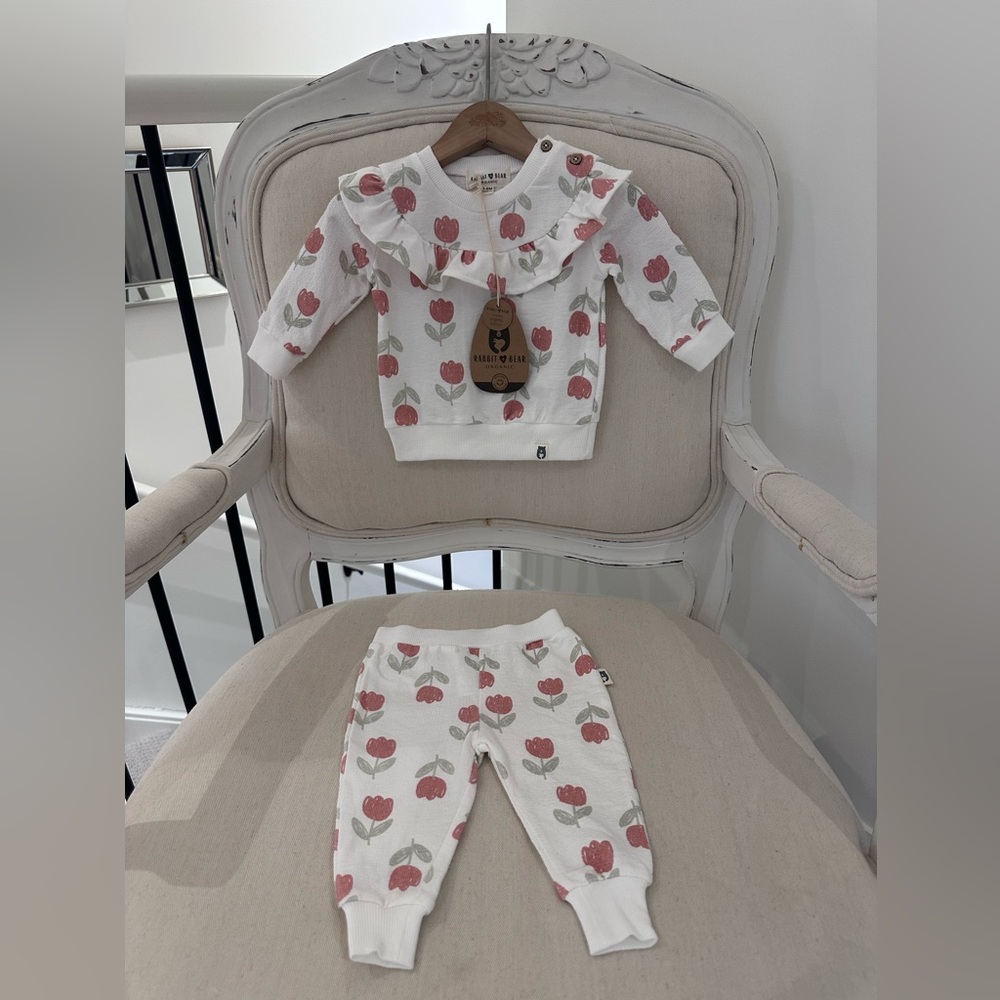 🤍 3~6 Mth Organic Baby Tulip Ruffle Sweater Set - White with Pink Tulips NWT
